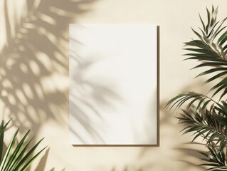 Blank vertical poster mockup with palm shadows on beige background.