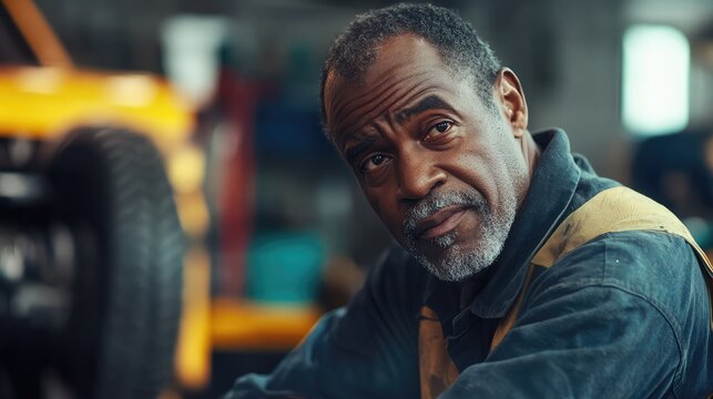 African American disabled veteran mechanic in a garage setting focused on automotive repair wearing work attire with tools in the background. - Powered by Adobe