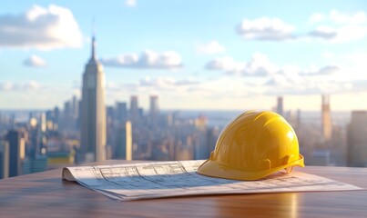 Yellow hard hat on blueprints with city skyline background.
