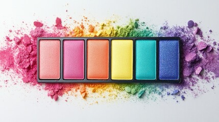Vibrant Rainbow Eyeshadow Palette with Colorful Pigments on White Background