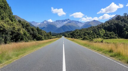 Naklejka premium Scenic Road Trip: Aspiring Mountains and Lush Greenery