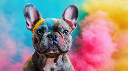 Fototapeta premium French Bulldog in colorful carnival attire, set against a bright powdery backdrop of blue, yellow, and pink hues.