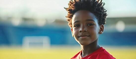 Smiling African American boy in vibrant red jersey at soccer stadium with green field and blue background, capturing match day excitement and joy