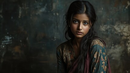 Young Indian Woman in Colorful Traditional Attire Posing in Studio with Dark Textured Background and Soft Lighting