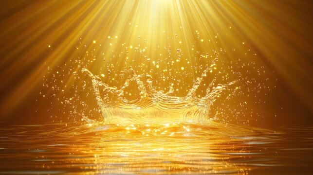 Golden water splash with shimmering droplets illuminated by sunlight creating a captivating and radiant effect on the surface.