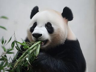 Panda Feasting on Bamboo: A close-up shot of an adorable giant panda engrossed in its favorite meal&mdash;fresh bamboo shoots.  Its expressive face and fluffy fur are beautifully captured in detail.