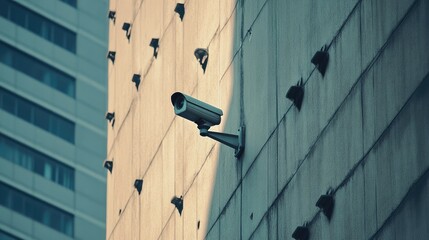 Security camera mounted on building wall illustrating surveillance technology and urban security measures in modern architecture.