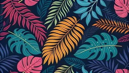 Create a vibrant and colorful tropical pattern featuring neon jungle leaves and foliage on a dark background.