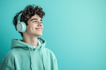 College student wearing headphones and a casual hoodie on a pastel blue background