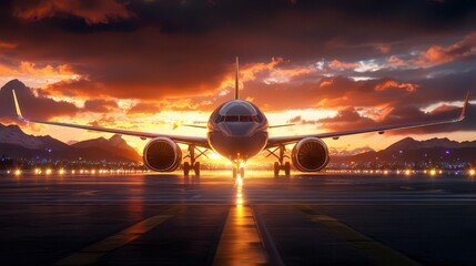 A dramatic perspective of an airport runway as a plane prepares for takeoff at sunrise.