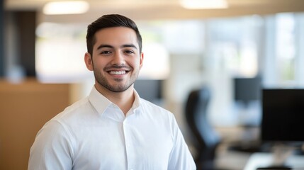 Obraz premium Smiling male call center agent in office environment showcasing professionalism and approachability in modern workspace.
