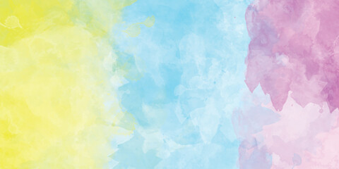 Colorful watercolor background of abstract sunset sky with puffy clouds in bright rainbow colors, Abstract pastel color watercolor for background