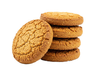 Stack of three oatmeal cookies with a crunchy texture, isolated on a white background