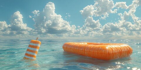 Playful Summer Scene with Cheerful Float and Striped Popsicle Against Ocean Background