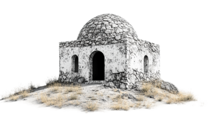 Historic stone structure on a grassy hill under a clear sky in a tranquil setting isolated on transparent background