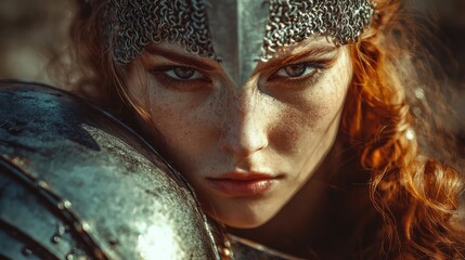 Close-up portrait of a fierce Valkyrie warrior with braided red hair and medieval armor showcasing intricate details, intense gaze, and silver tones.