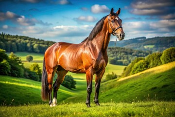 Obraz premium Stunning Aerial Photo: KWPN Mare, Brown Horse, Halter, Green Pasture