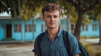 Young male educator with backpack standing on school grounds in front of blue building surrounded by greenery, warm daylight, medium shot.