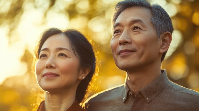 Joyful middle-aged Asian couple enjoying a serene moment together while gazing into the distance amidst a warm, softly lit background. - Powered by Adobe