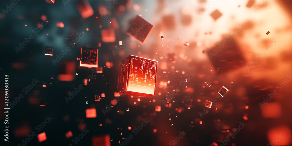Poster red cube explosion: abstract digital art depicting a fiery explosion of glowing red cubes against a 
