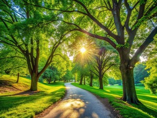 Summer Park Path Panorama: Lush Green Trees, Sunlight, Candid Photography