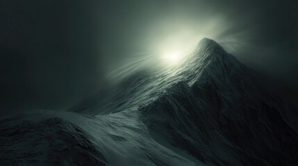 Majestic mountain peak illuminated by ethereal sunlight piercing through dark clouds creating a dramatic atmospheric effect