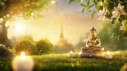 A golden Buddha statue in a peaceful garden, surrounded by serene nature and soft lighting.