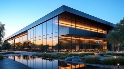 Obraz premium A high-quality image showcasing the sleek steel exterior of a modern warehouse office building