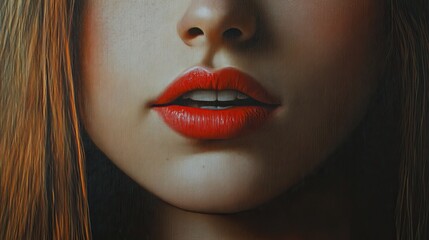 A Close Up Of A Womans Face Showing Red Lips And Brown Hair
