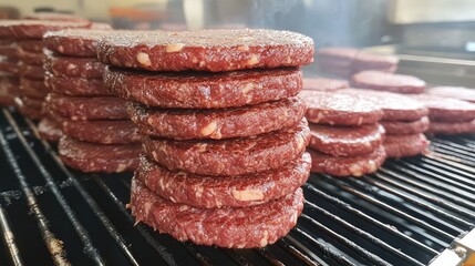 Fresh raw beef patties neatly stacked on a black grill, ready for cooking, showcasing rich red and marbled textures in a commercial kitchen setting.