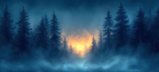 Fototapeta premium Surreal Landscape with Dark Blue Mist and Glowing Light in a Mystical Digital Painting Style