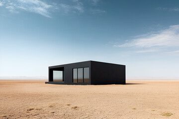 Desert Minimalism: A sleek, black modern house stands alone in a vast, sandy desert under a clear sky. The minimalist design contrasts sharply with the expansive, empty landscape.