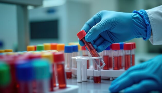Lab tech sorts blood samples in test tubes. Technician wears gloves. Modern lab setting. Medical analysis process. Health care environment. Specimen handling. Clinical diagnostic testing. Blood test