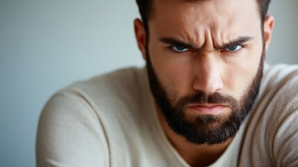 Obraz premium Serious young bearded man with intense expression conveying emotions of frustration and contemplation against a muted background