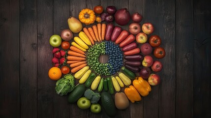 Rainbow of colorful fruits and vegetables arranged on wood