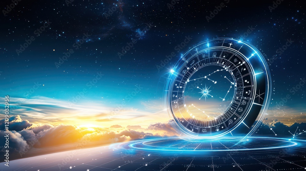 Wall mural a gregorian calendar page with astrological symbols and a starry sky background, evoking a mystical 