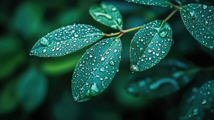Mesmerizing water droplets on lush green leaves showcasing nature's beauty with a soft blurred background for serene ambiance
