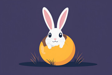 Fototapeta premium Easter Bunny in Egg: An adorable, cartoon-style white bunny rabbit peeks from a cracked golden egg, nestled in the grass against a deep purple background.