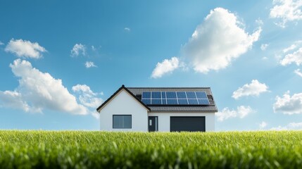 Modern Eco-Friendly Home with Solar Panels Surrounded by Lush Green Grass Under a Bright Blue Sky with Fluffy White Clouds Perfect for Sustainable Living and Energy Efficiency Themes