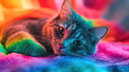 Rainbow Colored Cat Representing LGBTQ Pride with Vibrant Colors and Relaxed Expression in Soft Textured Environment