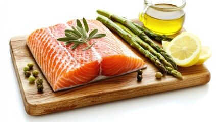 Fresh salmon fillet with lemon slices asparagus and olive oil on a rustic wooden cutting board for healthy cooking and meal preparation themes
