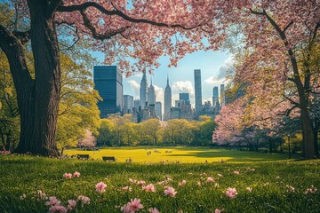 Vibrant green lawn in Central Park with blooming cherry blossoms, Manhattan skyline in the background, clear day, nature and city blend.