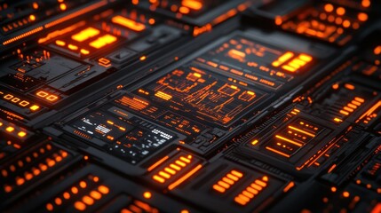 Obraz premium A detailed, glowing virtual screen displaying complex stock market lines, financial charts, and data over a dark background