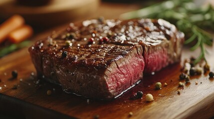 Juicy T-bone steak with perfect sear and seasonings on wooden cutting board ready for grilling or a gourmet meal