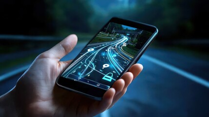 A hand holding a smartphone with a navigation app open, showing real-time directions.