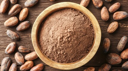 Raw cocoa powder in a rustic wooden bowl surrounded by cocoa beans on a dark wood background, showcasing rich browns and earthy tones in top view perspective