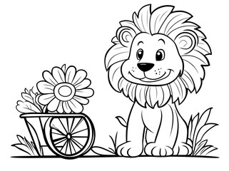A Cute Cartoon Lion Near A Wheelbarrow Of Flowers