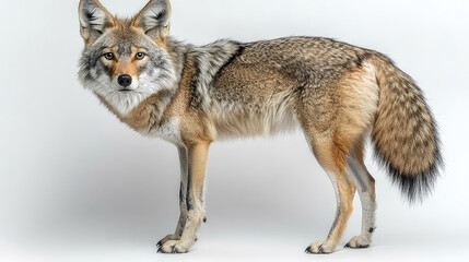 Obraz premium A coyote stands facing the camera against a white background. Its fur is a mix of brown, gray, and tan.