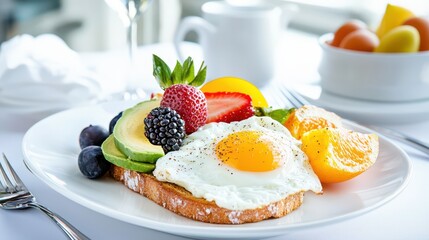 A healthy breakfast plate with avocado toast, eggs, and fresh fruit, presented on a white dish.