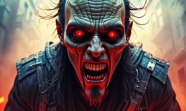 a scary man with red eyes stood among the flames